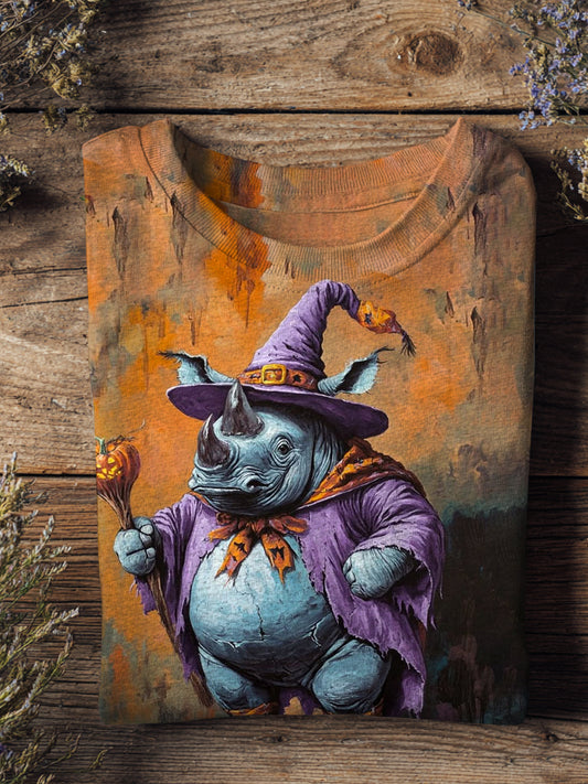 Halloween Funny Hippo Art Illustration Printing Casual Short Sleeve T-Shirt