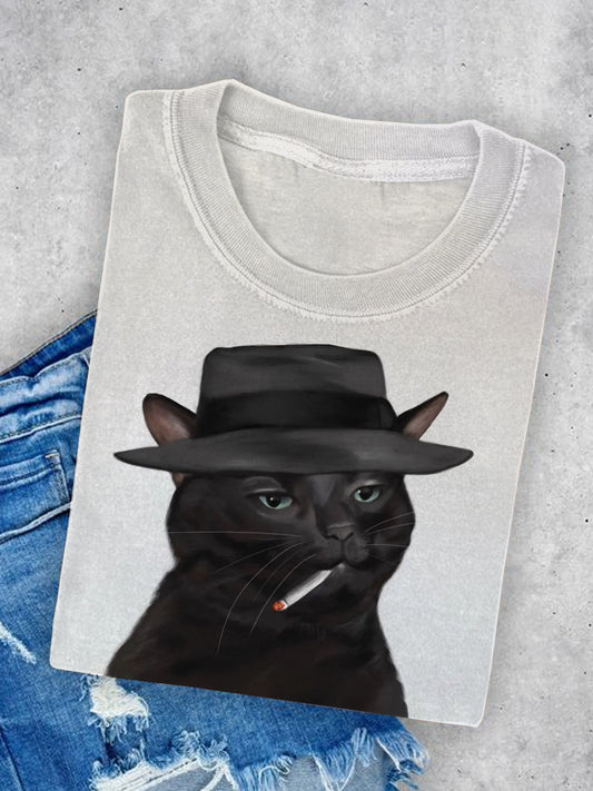 Unisex Smoking Black Cat Art Illustration Print Round Neck Casual T-shirt