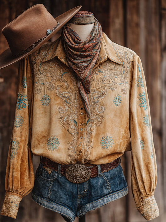 Vintage Western Art Floral Print Casual Shirt