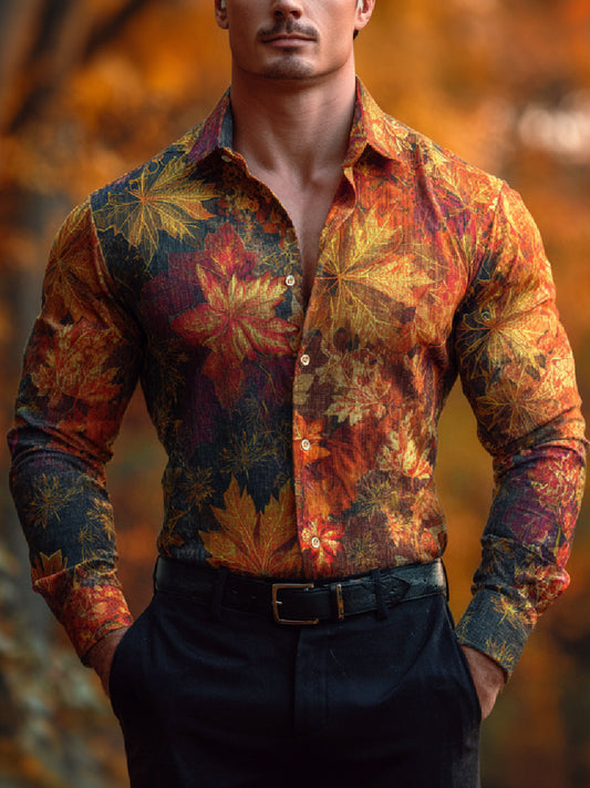 Autumn Maple Leaf Art Print Casual Long Sleeve Button-Down Shirt