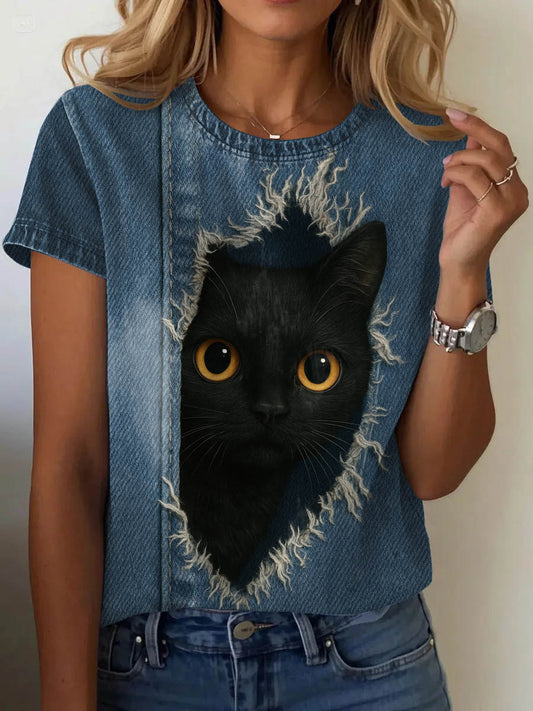Women's Denim Art Cat Print Casual Short Sleeve T-Shirt