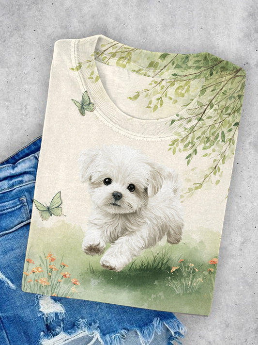 Ctue Dog Art Illustration Print Casual Short Sleeve T-Shirt