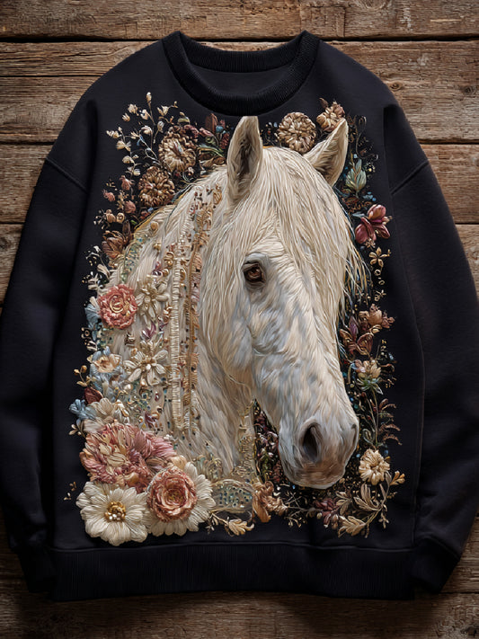 Vintage Horse Floral Art Print Casual Crewneck Sweatshirt