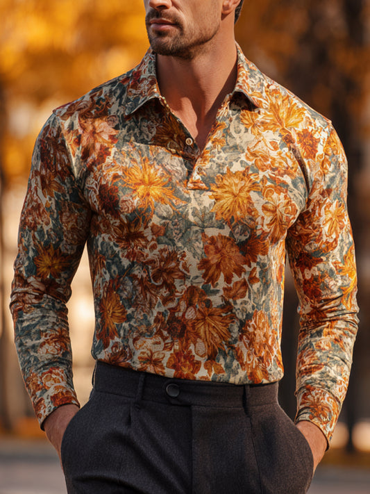 Autumn Floral Art Print Casual Long Sleeve Polo Shirt