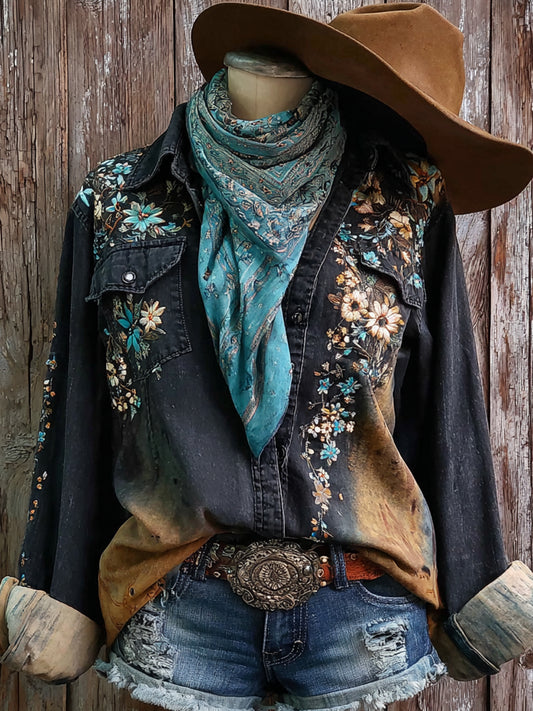 Vintage Western Art Floral Print Casual Shirt