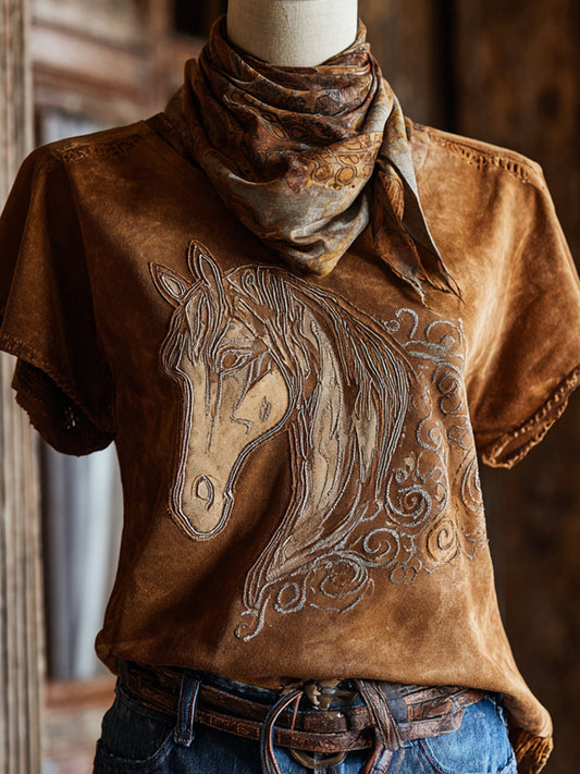 Retro Western Art Illustration Horse Print Casual Short Sleeve T-Shirt