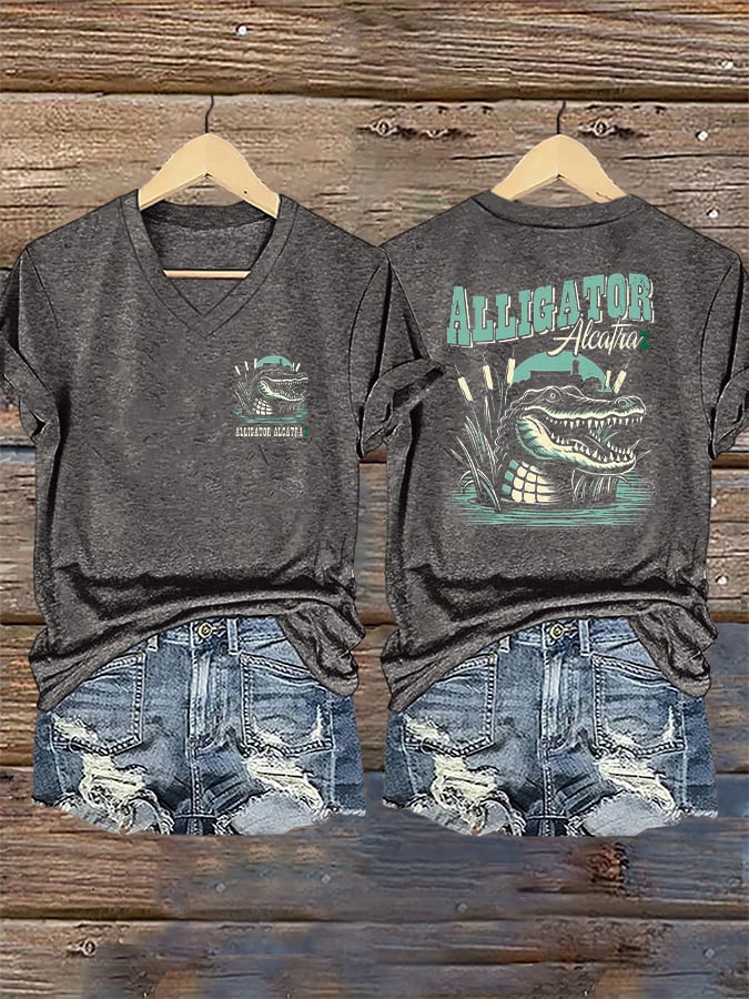 Women's Casual Retro Alligator Alcatraz Print T-Shirt