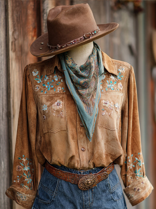 Vintage Western Art Floral Print Casual Shirt