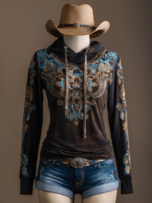 Vintage Western Art Print Casual Long Sleeve Hoodie