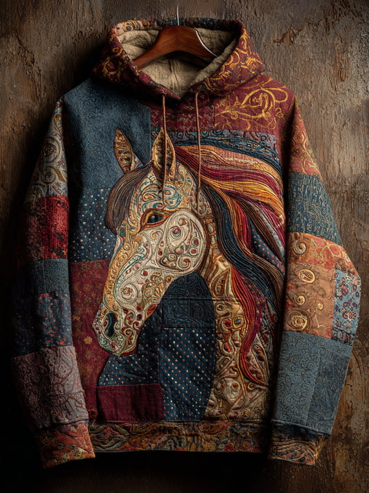 Vintage Patchwork Horse Print Art Casual Hoodie