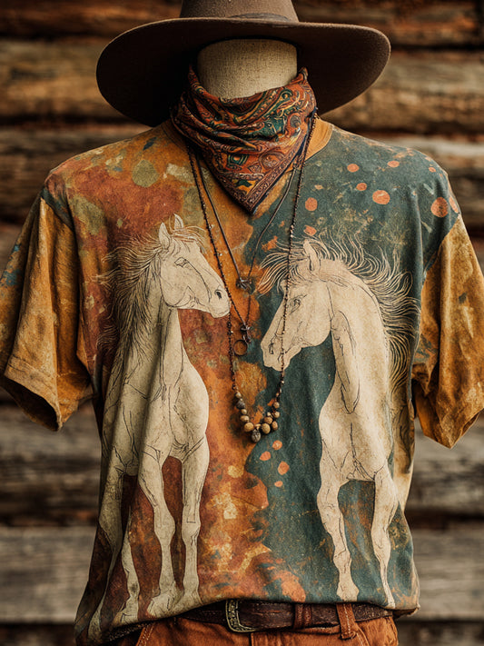 Retro Western Art Horse Print Casual Short Sleeve T-Shirt
