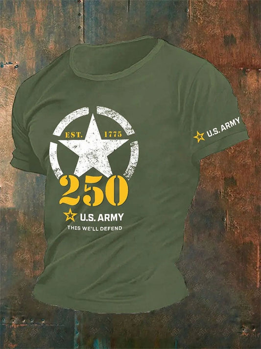 Man's Vintage U.S. Army 250th Anniversary This We'll Defend Est.1775 Print T-Shirt