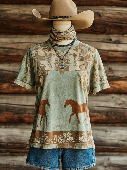 Retro Western Art Illustration Print Casual Short Sleeve T-Shirt