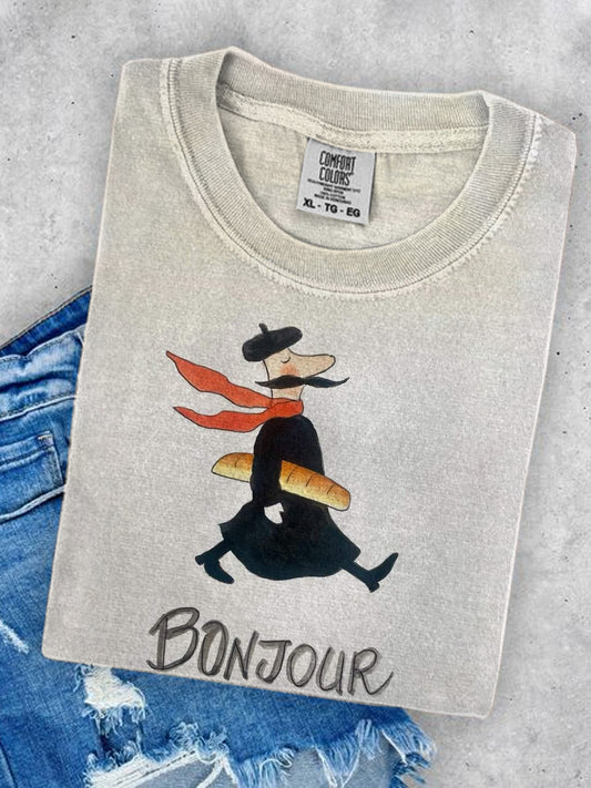 Unisex Round Neck Casual T-shirt With Art Illustration Print Of Man Holding Bread