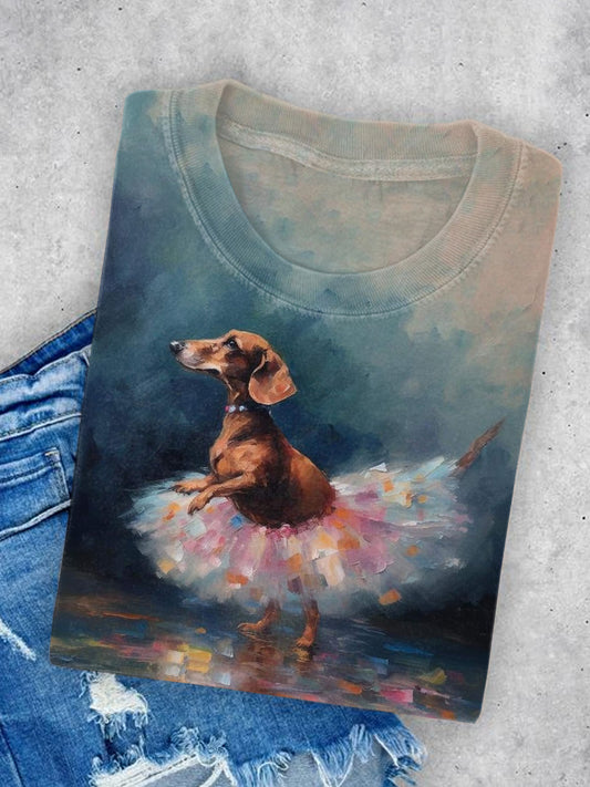 Unisex Puppy In a Skirt Art Illustration Printed Round Neck Casual T-shirt