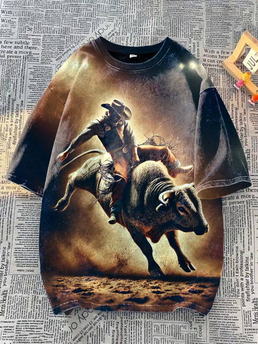 Unisex Western Cowboy Art Illustration Round Neck Casual T-shirt