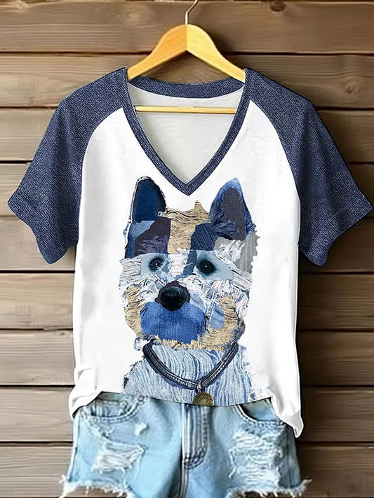 Women's Dog Print V Neck T-Shirt