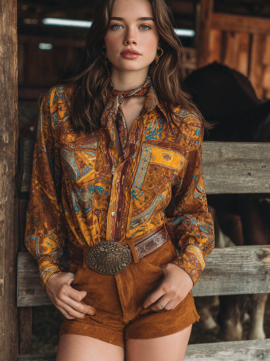Vintage Western Art Illustration Print Casual Shirt