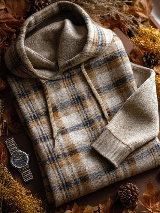 Fall Check Art Print Casual Hooded Knit Sweater