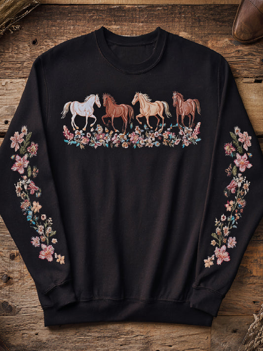 Vintage Horse Floral Art Print Casual Crewneck Sweatshirt