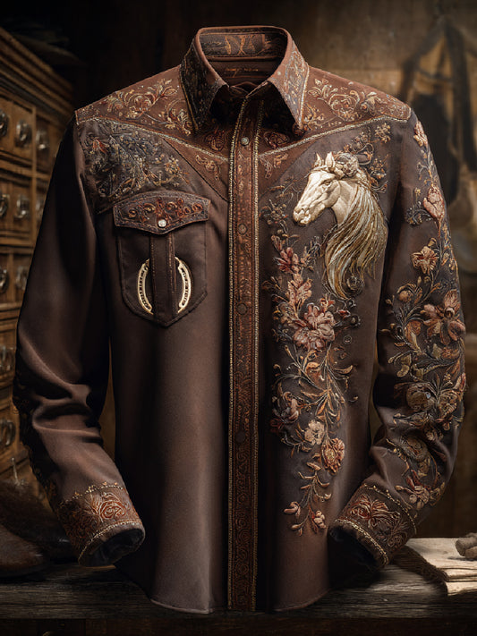 Western Retro Art Print Casual Long Sleeve Shirt