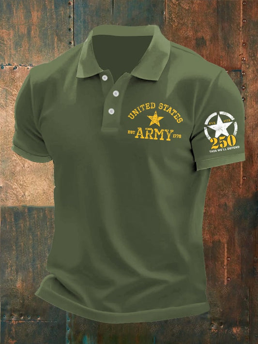 Man's Vintage Independence Day United States Army 250th Anniversary This We'll Defend Est.1775 Printed Polo Shirt