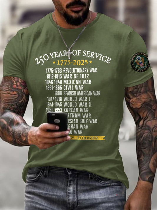 Men's United States Army 250 Years Of Service 1775-2025 Then - Now - Forever Print T-Shirt