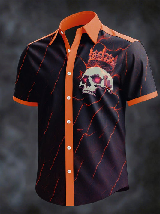 Men's Retro Horror Skull Print Lapel Short Sleeve Shirt