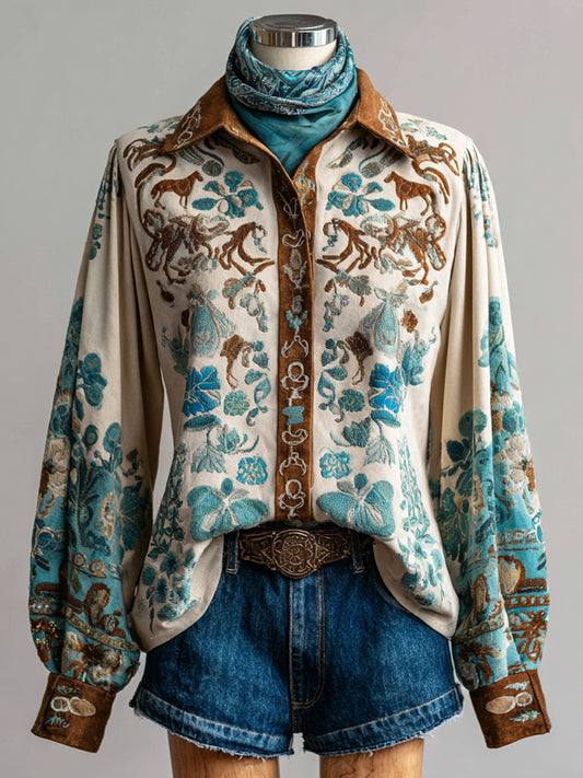Vintage Western Art Illustration Print Casual Shirt