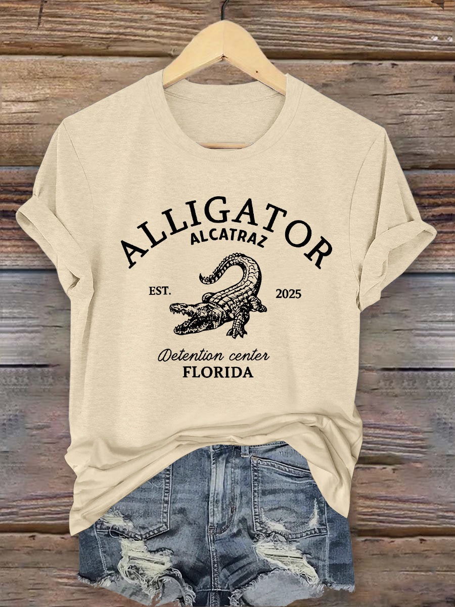 Vintage Alligator Alcatraz Fun Florida Everglades Art Print Casual T-Shirt