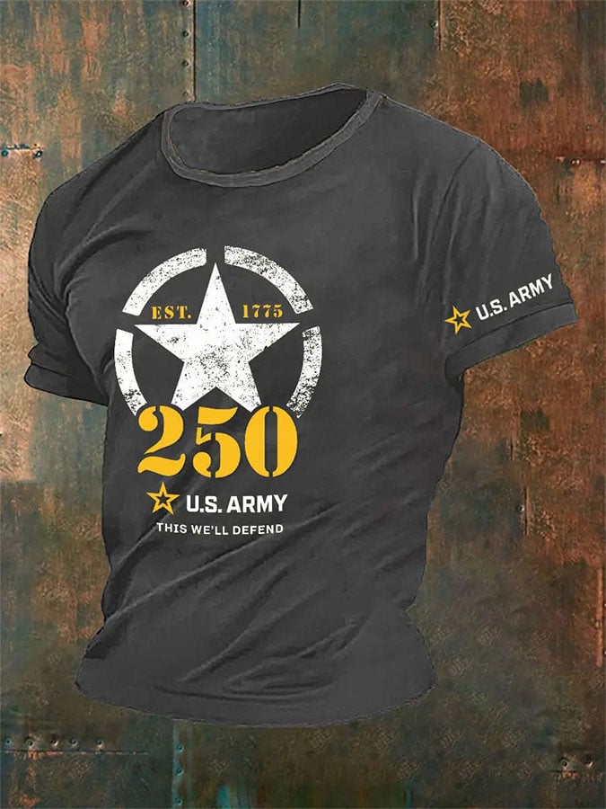 Man's Vintage U.S. Army 250th Anniversary This We'll Defend Est.1775 Print T-Shirt