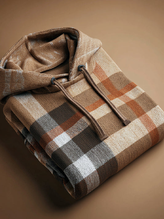 Fall Check Art Print Casual Hooded Knit Sweater