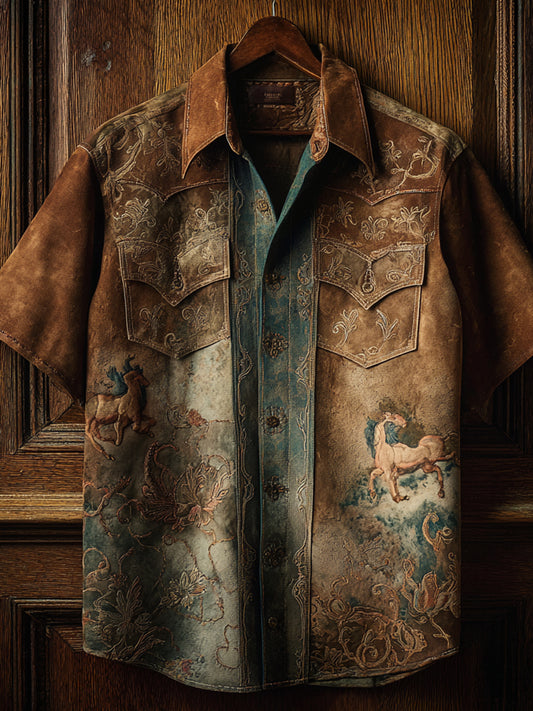 Vintage Western Art Floral Print Casual Shirt