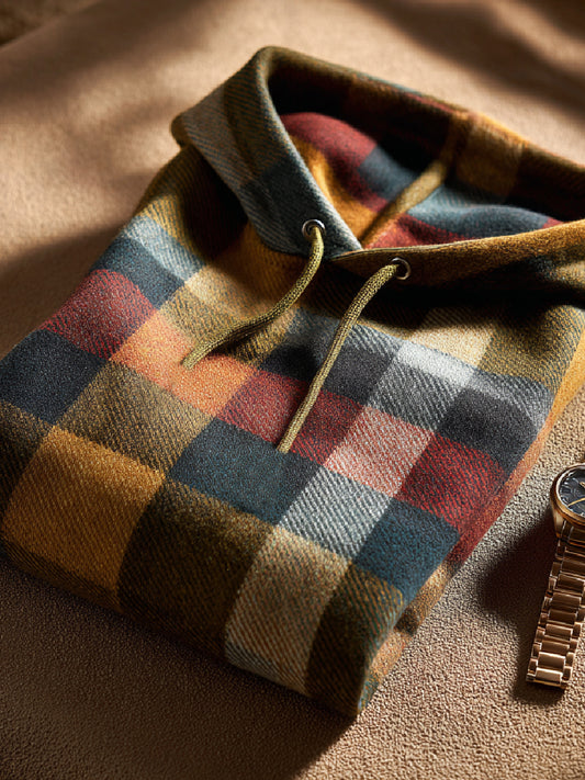 Fall Check Art Print Casual Hooded Knit Sweater