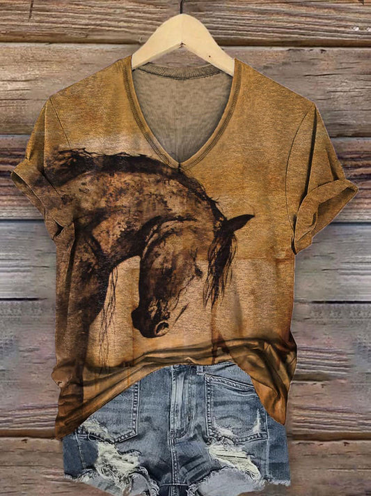 Women's Retro Horse Print Casual V-neck T-shirt