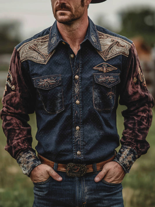 Retro Western Cowboy Art Print Casual Long Sleeve Shirt