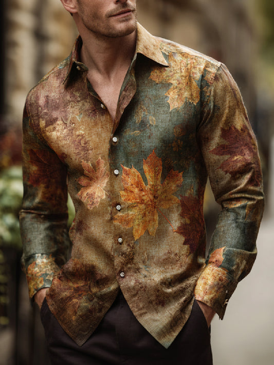 Autumn Maple Leaf Art Print Casual Long Sleeve Button-Down Shirt