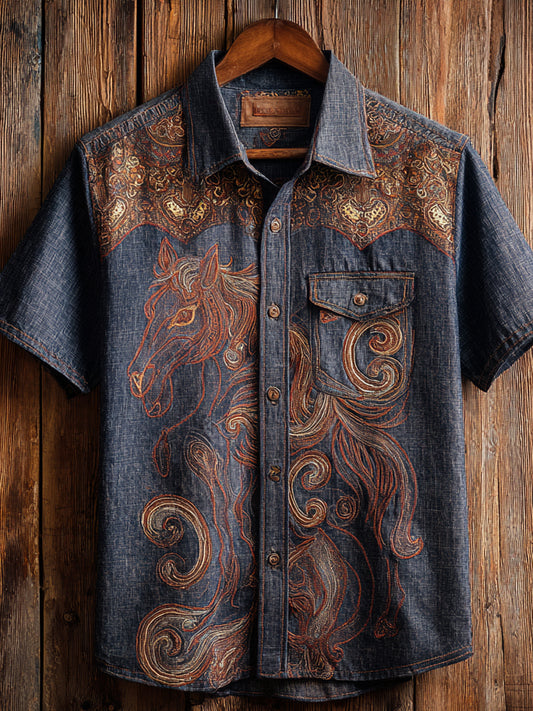 Vintage Western Art Floral Print Casual Shirt