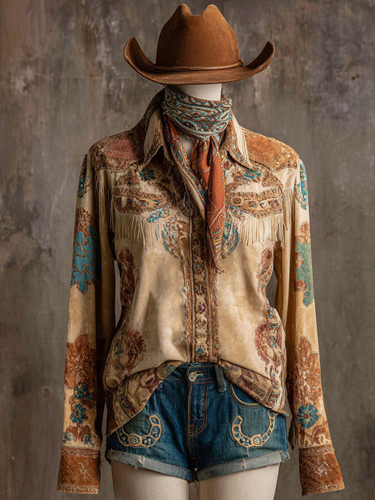 Vintage Western Art Illustration Print Casual Shirt