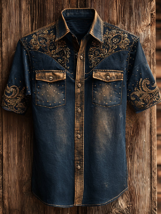 Retro Western Art Cowboy Print Casual Short Sleeve Shirt