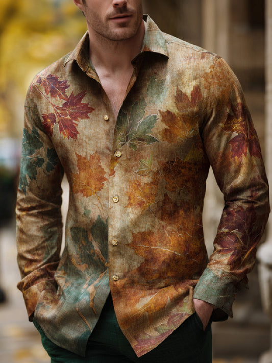 Autumn Maple Leaf Art Print Casual Long Sleeve Button-Down Shirt