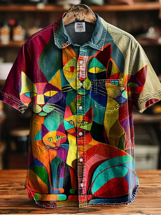 Vintage Cat Abstract Art Print Casual 100% Cotton Shirt