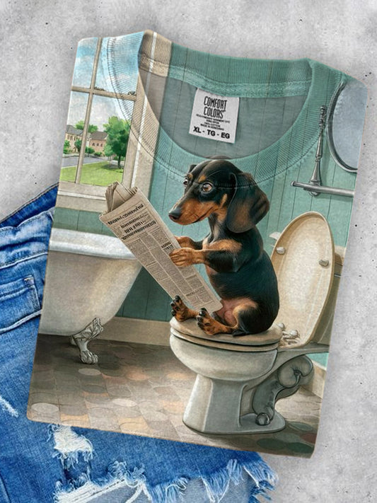 Unisex Round Neck Casual T-shirt With Puppy Reading Newspaper Art Illustration Print