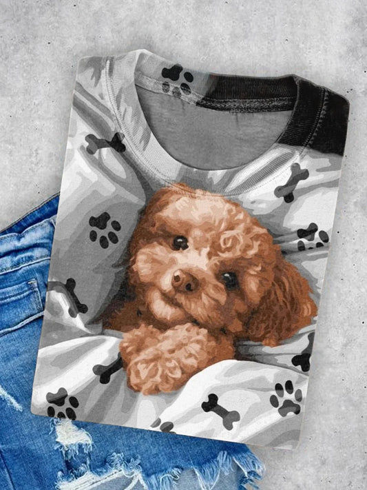 Unisex Crew Neck Casual T-shirt With Puppy And Puppy Footprints Illustration Print