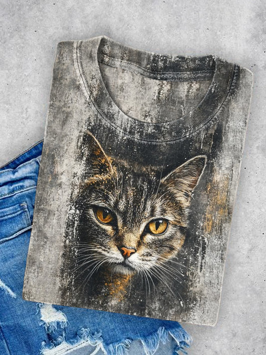Unisex Cat Printed Vintage Fashion Loose Short Sleeve T-Shirt