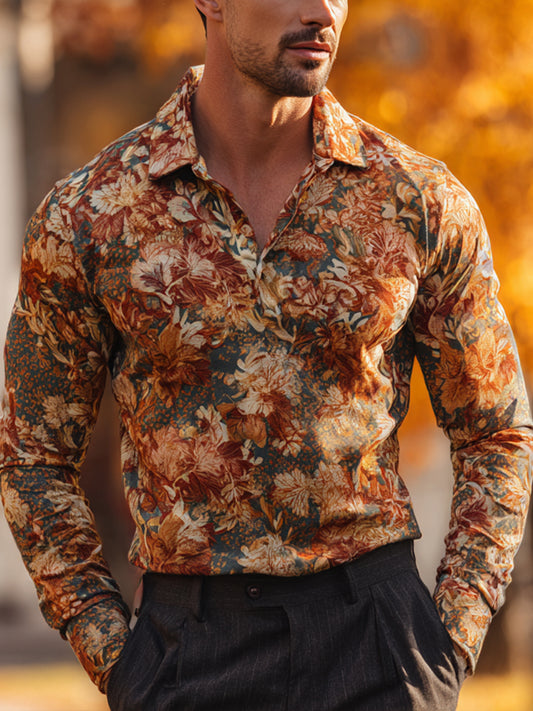 Autumn Floral Art Print Casual Long Sleeve Polo Shirt