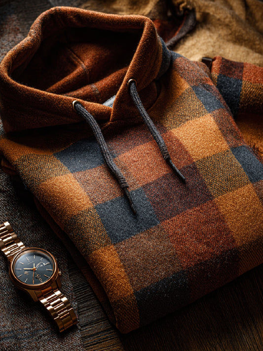 Fall Check Art Print Casual Hooded Knit Sweater
