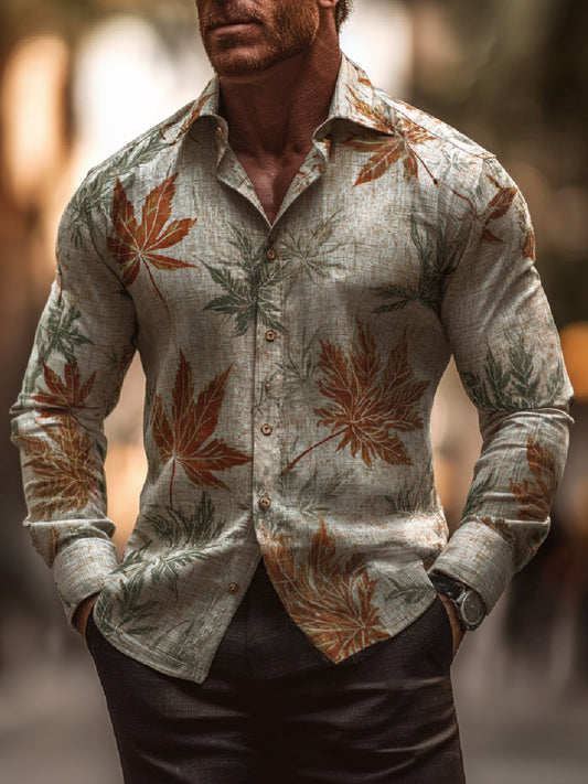Autumn Maple Leaf Art Print Casual Long Sleeve Button-Down Shirt