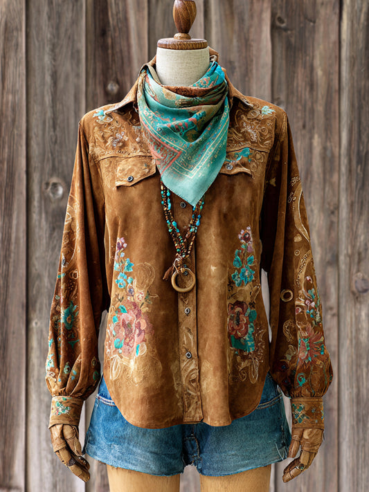 Vintage Western Art Illustration Print Casual Shirt