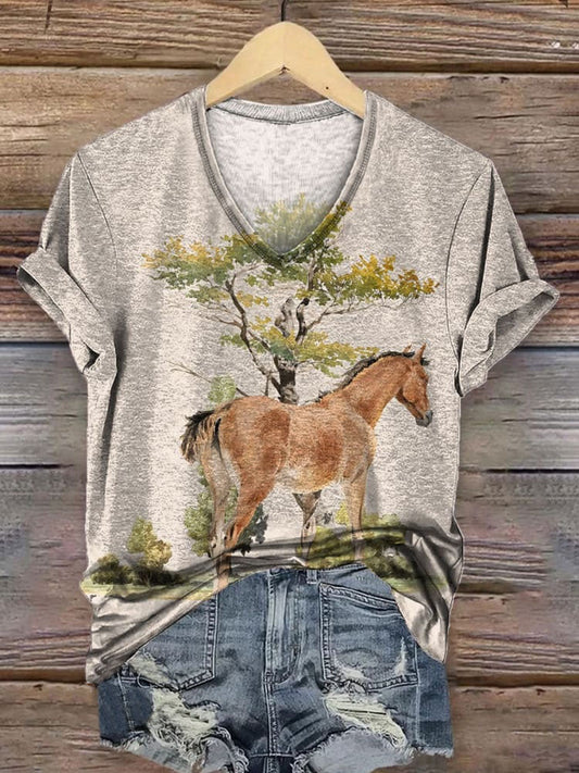 Women's Retro Wild West Horse Print Casual V-neck T-shirt